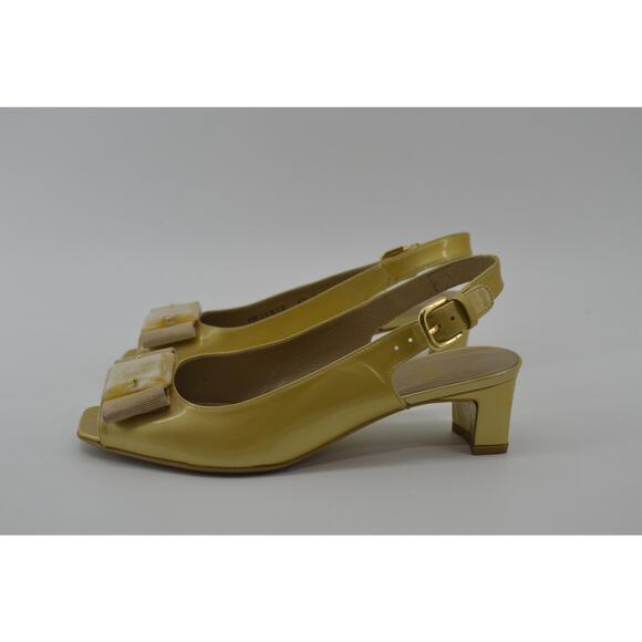 Stuart Weitzman Gold Patent Leather Block Heel Bow Size 6.5 - Picture 12 of 12